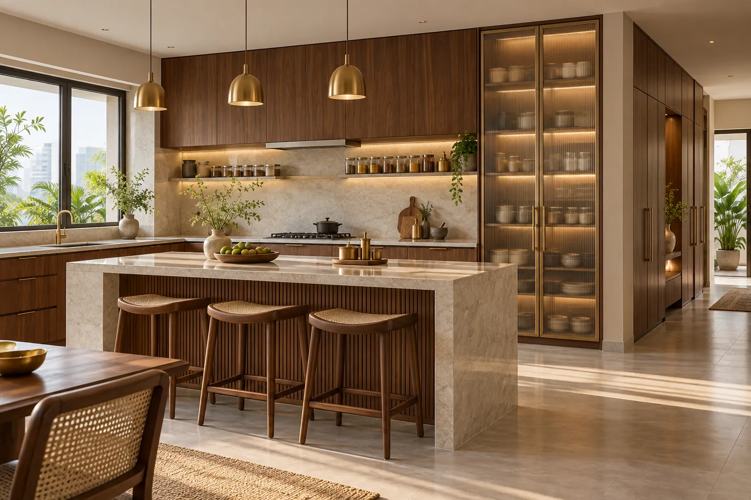 Custom kitchen joinery in warm timber and natural stone