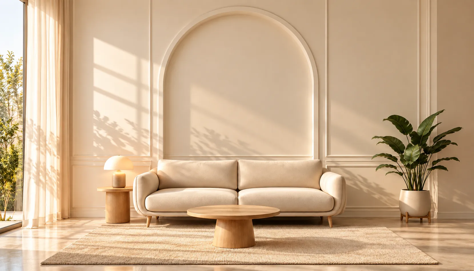 Sunlit living room with an arched wall niche, a cream sofa, a round oak coffee table and a potted plant