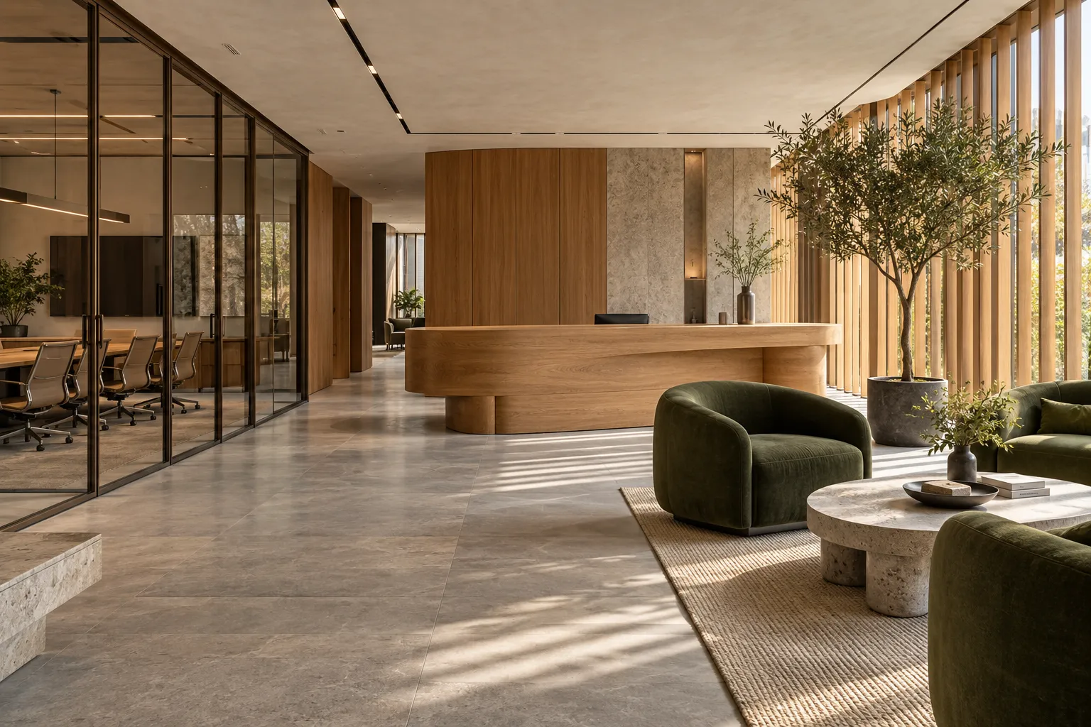 Warm modern commercial interior with crafted timber and soft natural light