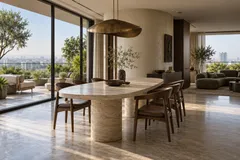 AI concept image of a penthouse dining room with travertine, walnut chairs and a planted terrace
