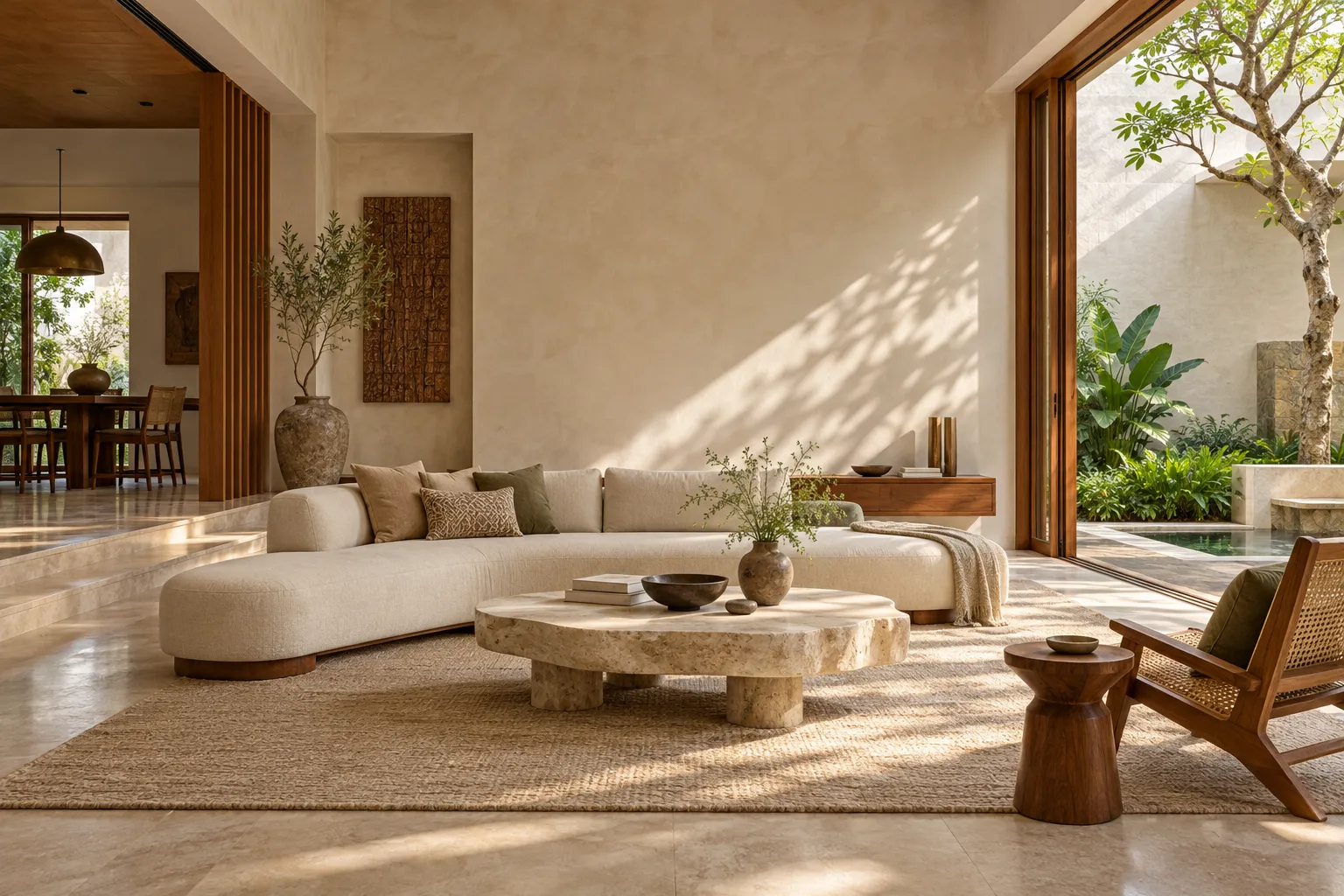 Sunlit family living room arranged around a calm courtyard and natural materials