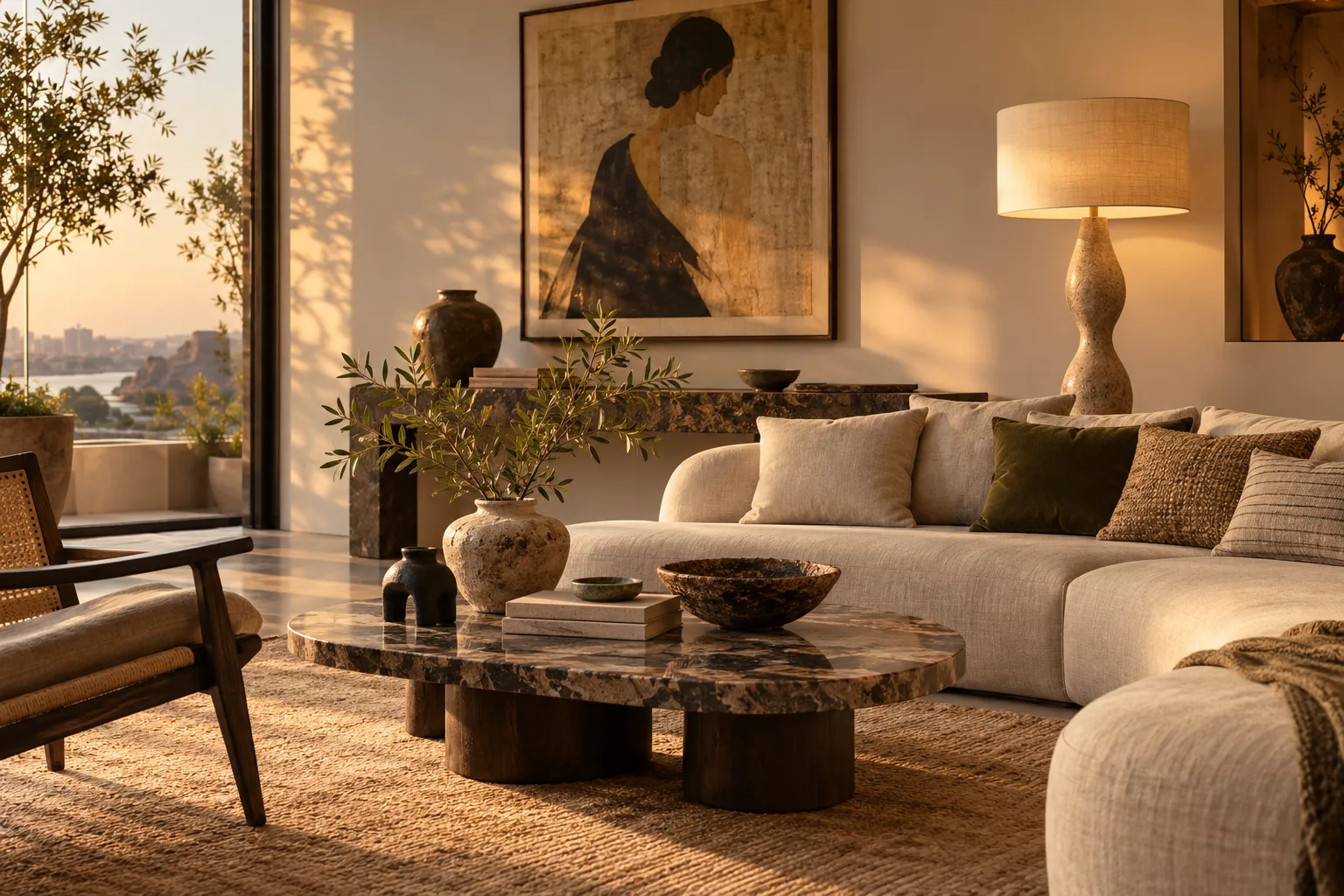 Layered living room with art, lighting, and tactile furnishings
