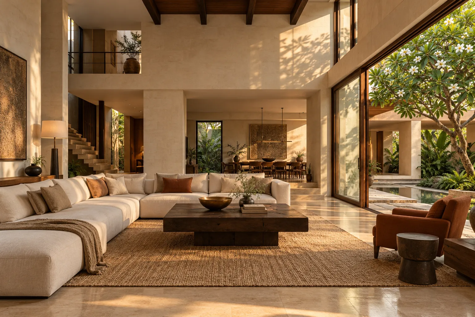 Sunlit contemporary villa living room opening to a planted courtyard