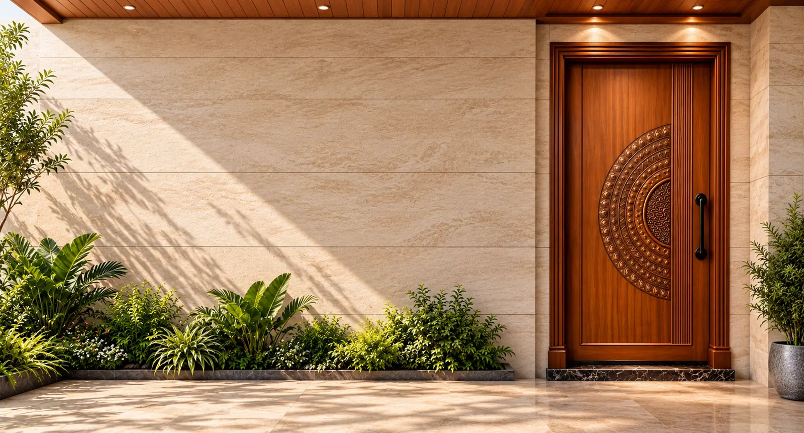Sunlit entrance with a carved teak door that opens as you scroll